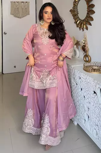 Pink silk blend embroidered palazzo set