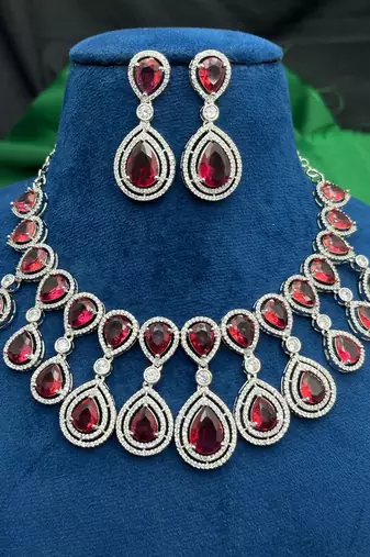 ruby red teardrop necklace & earrings set â€“ silver cz bridal jewellery