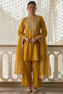 Mustard soft silk blend  heavy thread embroidery with sequins work readymade salwar kameez 3