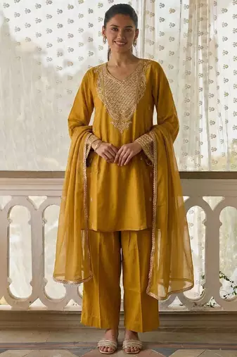 Mustard soft silk blend  heavy thread embroidery with sequins work readymade salwar kameez