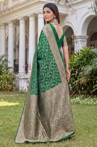 GREEN ART SILK BANARASI JACUARD WORK SAREE WITH UNSTITCHED BLOUSE PIECE