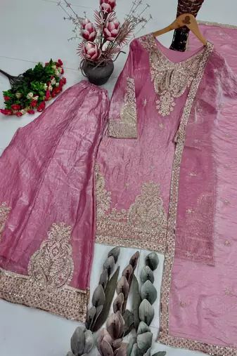 Pink silk blend embroidered palazzo set