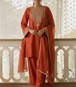 Rust soft silk blend heavy thread embroidery with sequins work readymade salwar kameez