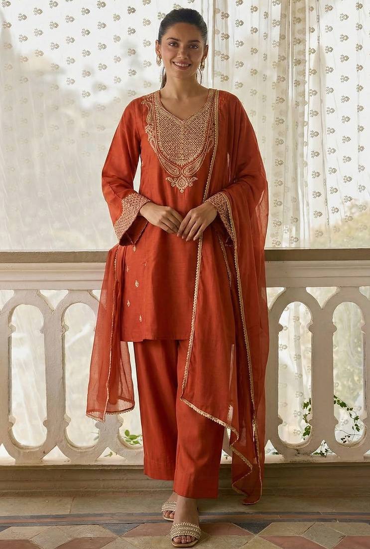 Rust soft silk blend heavy thread embroidery with sequins work readymade salwar kameez