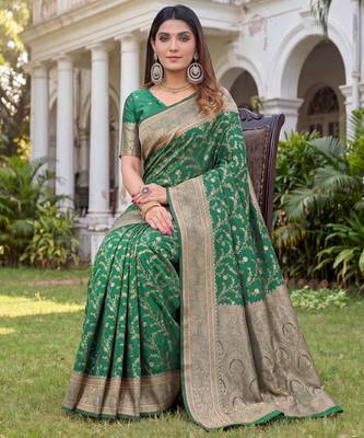 GREEN ART SILK BANARASI JACUARD WORK SAREE WITH UNSTITCHED BLOUSE PIECE 3