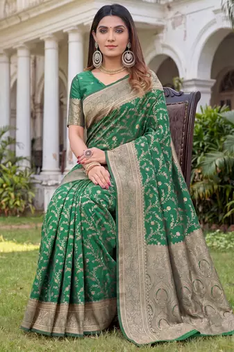 GREEN ART SILK BANARASI JACUARD WORK SAREE WITH UNSTITCHED BLOUSE PIECE