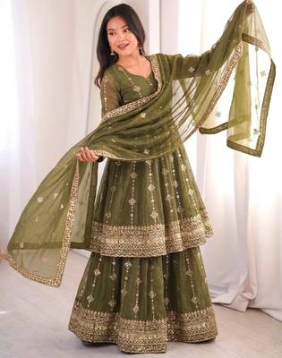 Olive silk blend embroidered flared gown set 1
