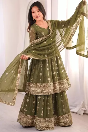 Olive silk blend embroidered flared gown set