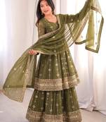 Olive silk blend embroidered flared gown set