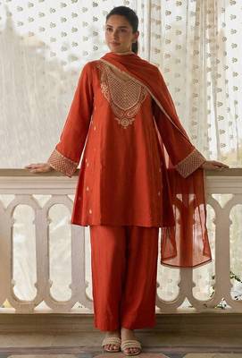 Rust soft silk blend heavy thread embroidery with sequins work readymade salwar kameez 2