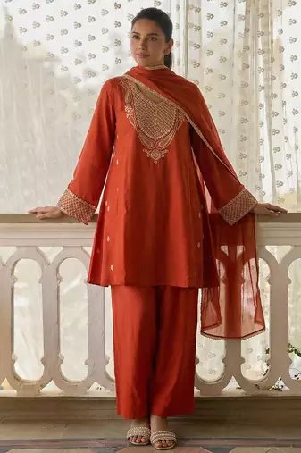 Rust soft silk blend heavy thread embroidery with sequins work readymade salwar kameez