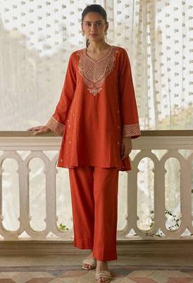 Rust soft silk blend heavy thread embroidery with sequins work readymade salwar kameez 3