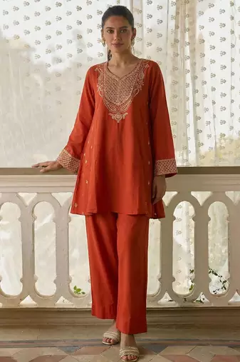 Rust soft silk blend heavy thread embroidery with sequins work readymade salwar kameez