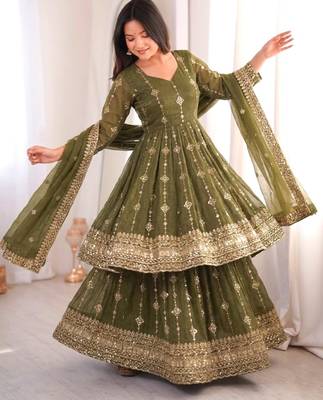 Olive silk blend embroidered flared gown set 2