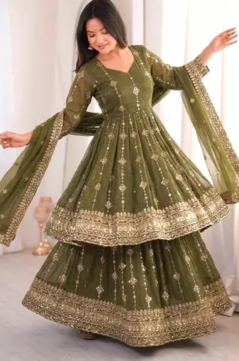 Olive silk blend embroidered flared gown set