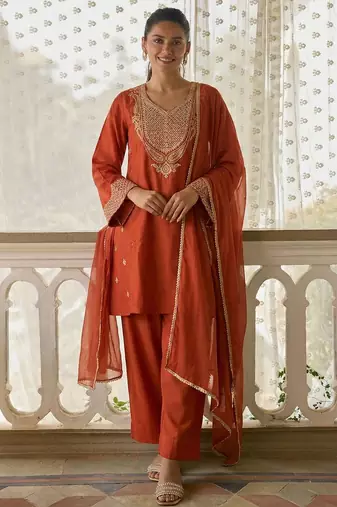 Rust soft silk blend heavy thread embroidery with sequins work readymade salwar kameez