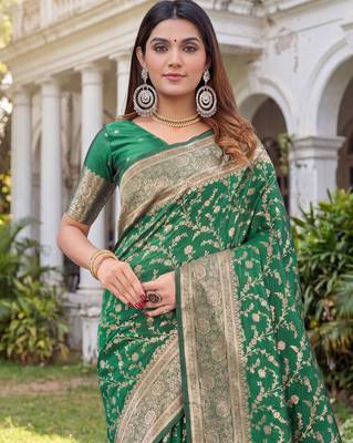 GREEN ART SILK BANARASI JACUARD WORK SAREE WITH UNSTITCHED BLOUSE PIECE 4