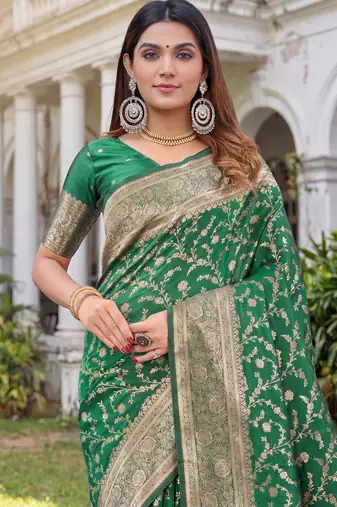 GREEN ART SILK BANARASI JACUARD WORK SAREE WITH UNSTITCHED BLOUSE PIECE