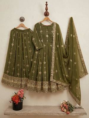 Olive silk blend embroidered flared gown set 3