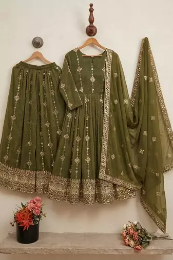 Olive silk blend embroidered flared gown set