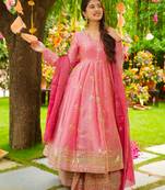 Pink silk blend embroidered flared gown set