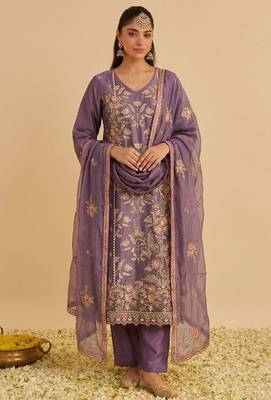 Purple shimmer silk heavy thread embroidery with sequins work readymade salwar kameez 1