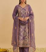Purple shimmer silk heavy thread embroidery with sequins work readymade salwar kameez