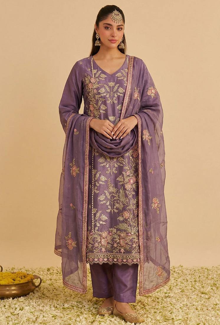 Purple shimmer silk heavy thread embroidery with sequins work readymade salwar kameez