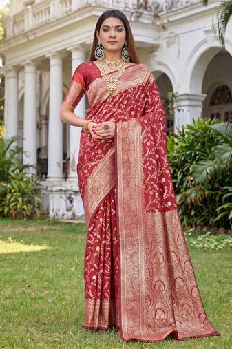 RED ART SILK BANARASI JACUARD WORK SAREE WITH UNSTITCHED BLOUSE PIECE