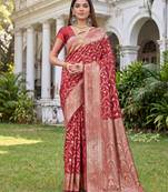 RED ART SILK BANARASI JACUARD WORK SAREE WITH UNSTITCHED BLOUSE PIECE