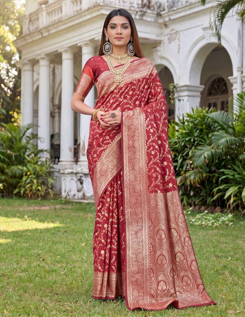 RED ART SILK BANARASI JACUARD WORK SAREE WITH UNSTITCHED BLOUSE PIECE