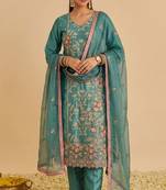 Sea green shimmer silk heavy thread embroidery with sequins work readymade salwar kameez