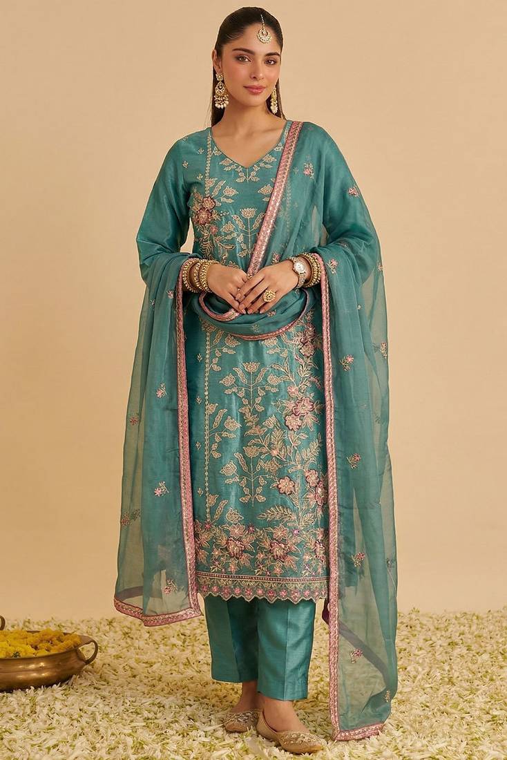 Sea green shimmer silk heavy thread embroidery with sequins work readymade salwar kameez