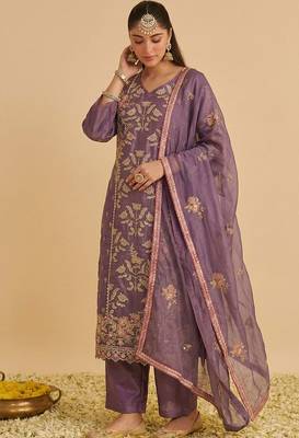 Purple shimmer silk heavy thread embroidery with sequins work readymade salwar kameez 2