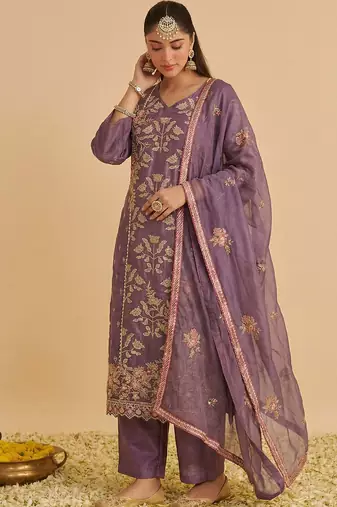 Purple shimmer silk heavy thread embroidery with sequins work readymade salwar kameez