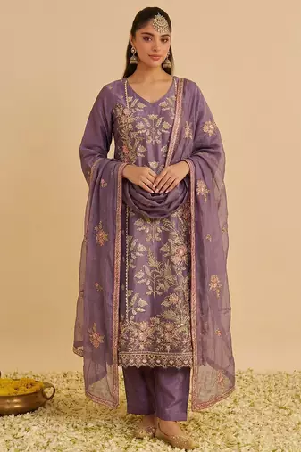 Purple shimmer silk heavy thread embroidery with sequins work readymade salwar kameez