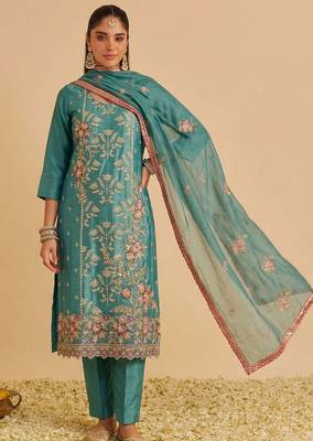 Sea green shimmer silk heavy thread embroidery with sequins work readymade salwar kameez 2