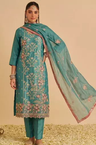 Sea green shimmer silk heavy thread embroidery with sequins work readymade salwar kameez