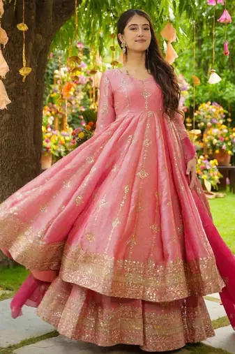 Pink silk blend embroidered flared gown set