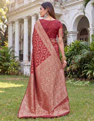 RED ART SILK BANARASI JACUARD WORK SAREE WITH UNSTITCHED BLOUSE PIECE 2