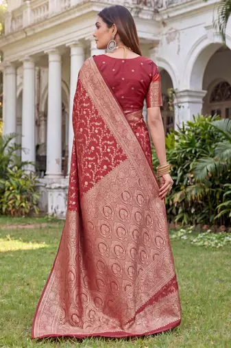 RED ART SILK BANARASI JACUARD WORK SAREE WITH UNSTITCHED BLOUSE PIECE