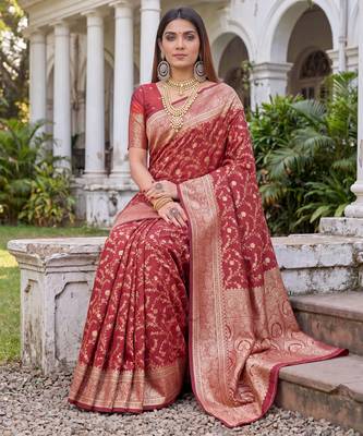 RED ART SILK BANARASI JACUARD WORK SAREE WITH UNSTITCHED BLOUSE PIECE 3
