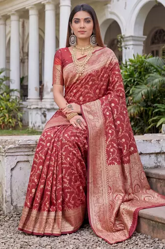 RED ART SILK BANARASI JACUARD WORK SAREE WITH UNSTITCHED BLOUSE PIECE