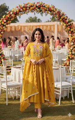 Yellow chanderi embroidered anarkali set 1