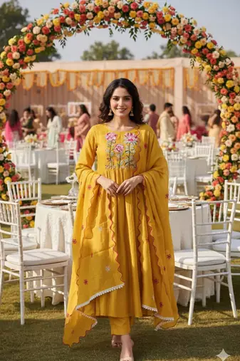 Yellow chanderi embroidered anarkali set