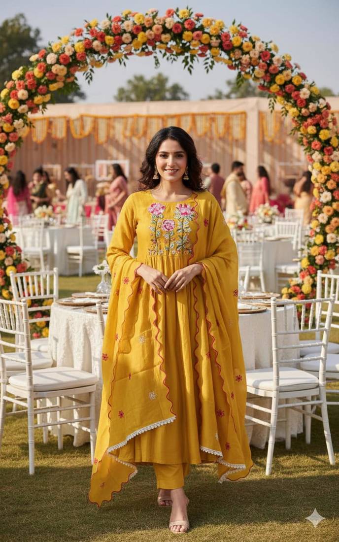 Yellow chanderi embroidered anarkali set