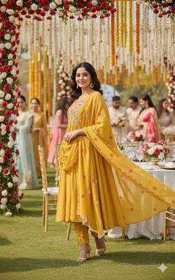 Yellow chanderi embroidered anarkali set 2