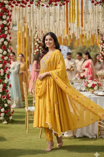 Yellow chanderi embroidered anarkali set