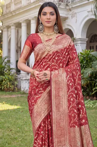 RED ART SILK BANARASI JACUARD WORK SAREE WITH UNSTITCHED BLOUSE PIECE