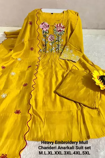 Yellow chanderi embroidered anarkali set